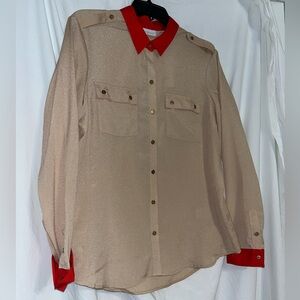 Women’s long sleeve button down collar blouse. Red and Tan.